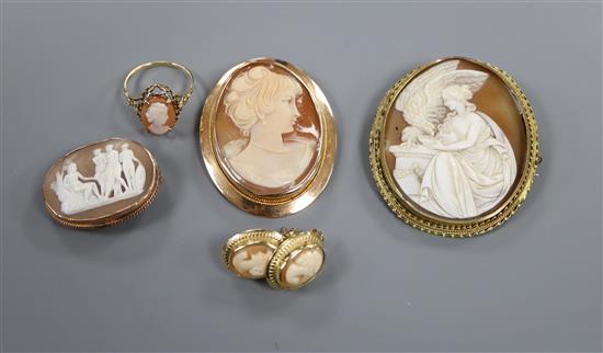 A group of cameo jewellery, including three mounted brooches, one 585 and one 9ct, a 585 ring and pair of earrings.